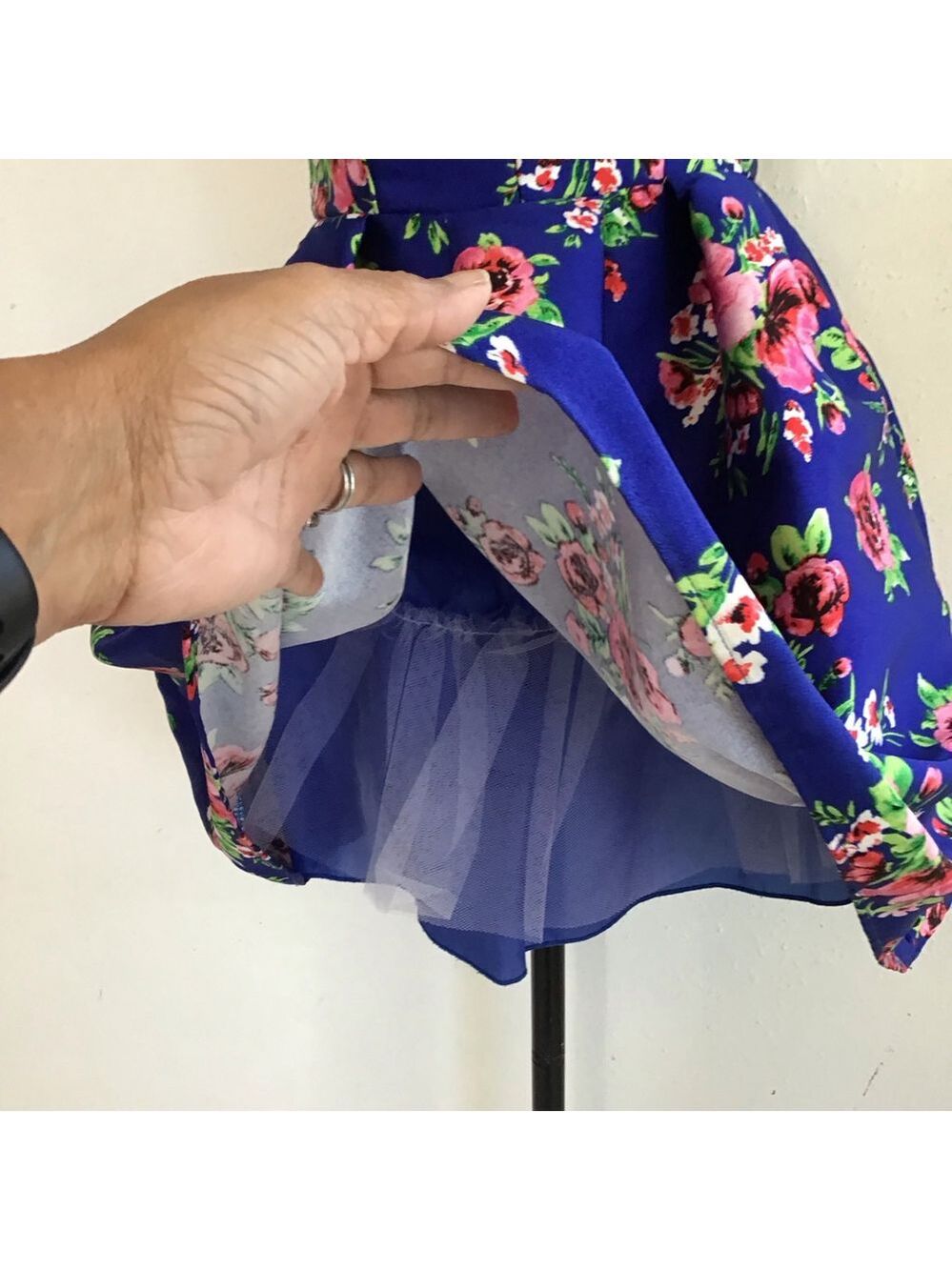 B. Darlin Women Elegant Strapless Floral Dress Blue Pink Rose Petals 5/6 - Picture 6 of 10
